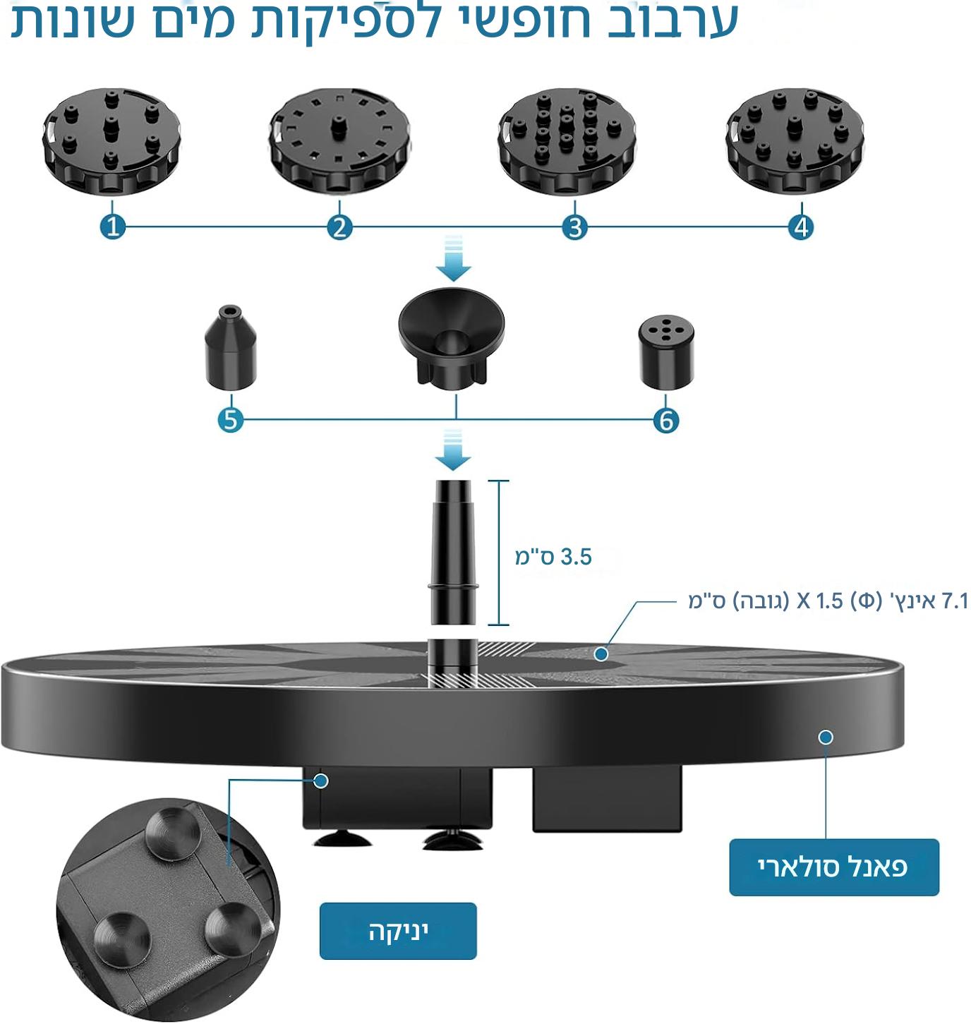 משאבת מזרקה סולארית 3.5W עם 6 פיות – לעיצוב מזרקות DIY וקישוט חוץ חזק עם פאנל סולארי