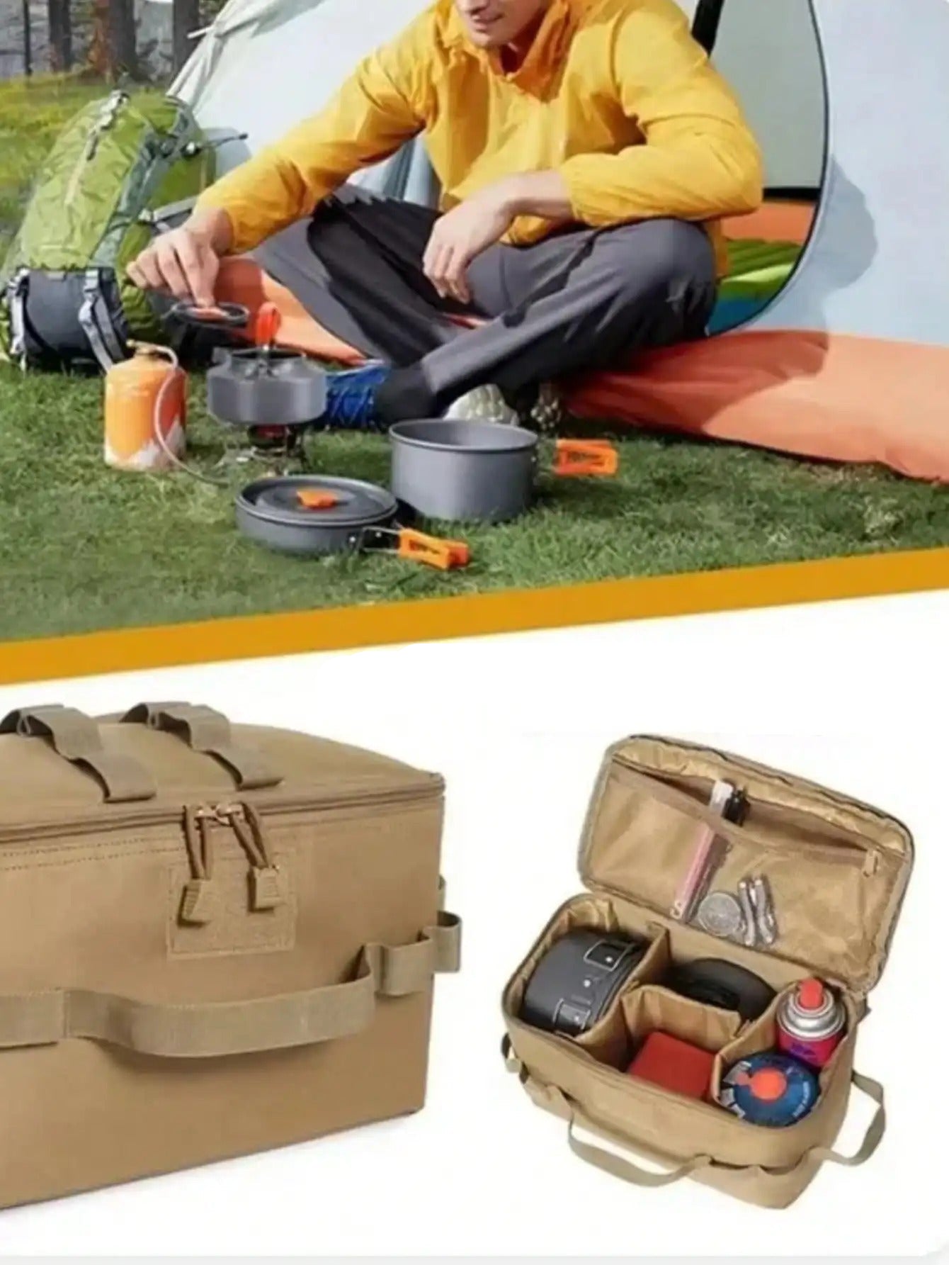 תיק אחסון למכל גז לקמפינג בנפח גדול עם תיק לכלי בישול ופיקניק